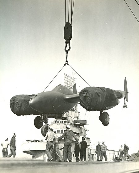 Loading P-38 on USS Ranger, 1944 Loading P-38 on USS Ranger, 1944