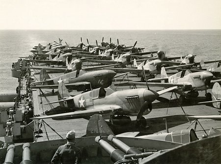 P-40s on USS Ranger, 1943