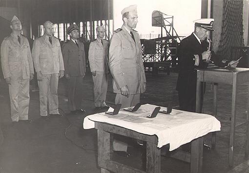 Captain Rowe Reads Citation, USS Ranger